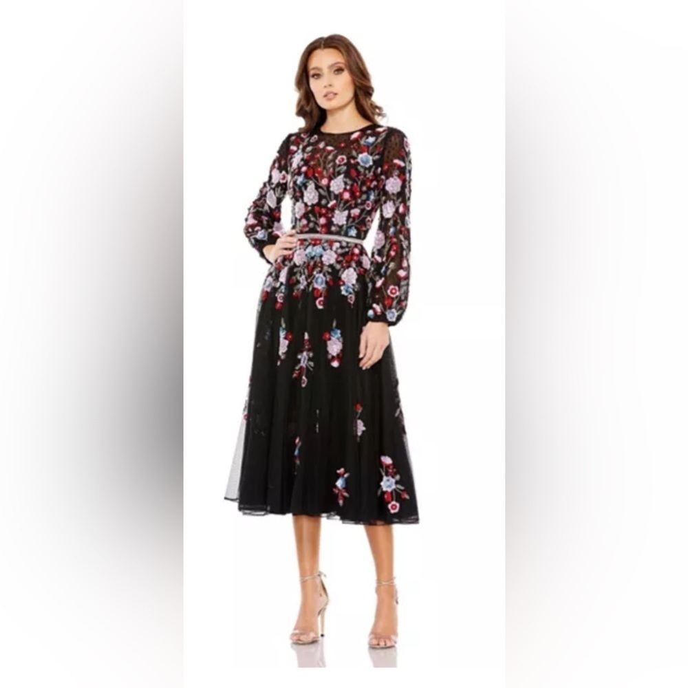 MAC DUGGAL 5712 NWT Sequined Floral High Neck Puff Sleeve Cocktail Dress Size 16